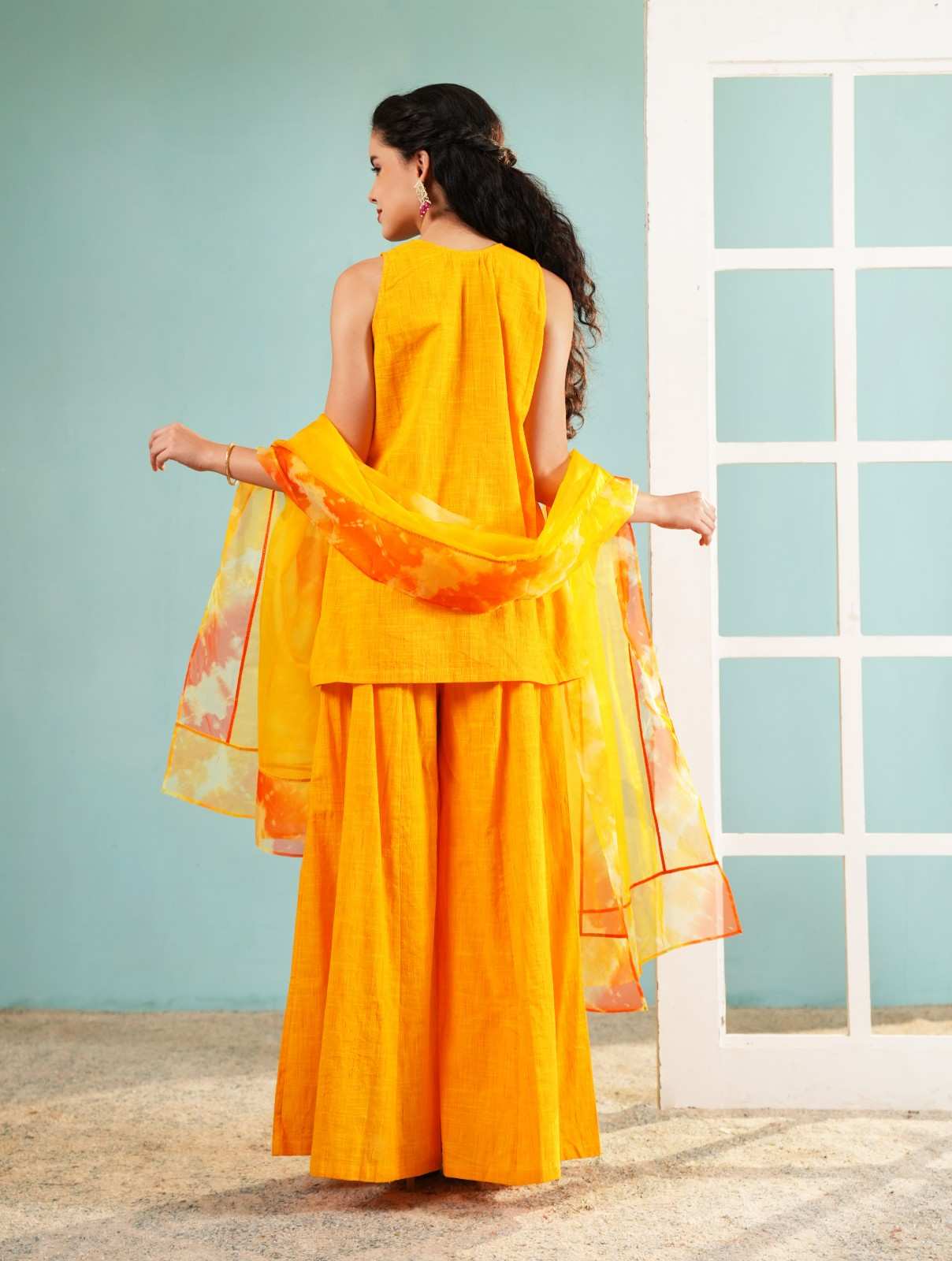 Marigold Radiance: Embroidered Sleeveless Kurta and Sharara Set