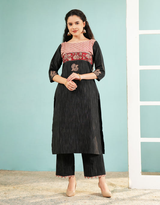 Midnight Bloom: Embroidered Black Kurta and Pant Set