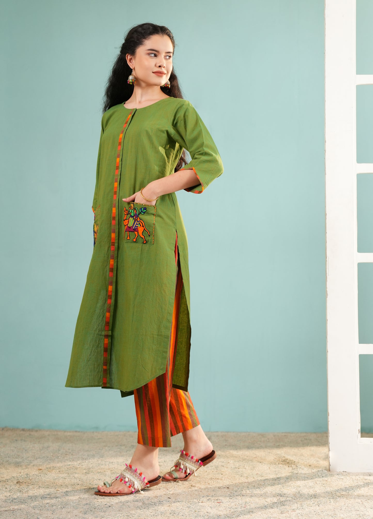 Meadow Folk: Embroidered Pocket Kurta and Striped Pant Set