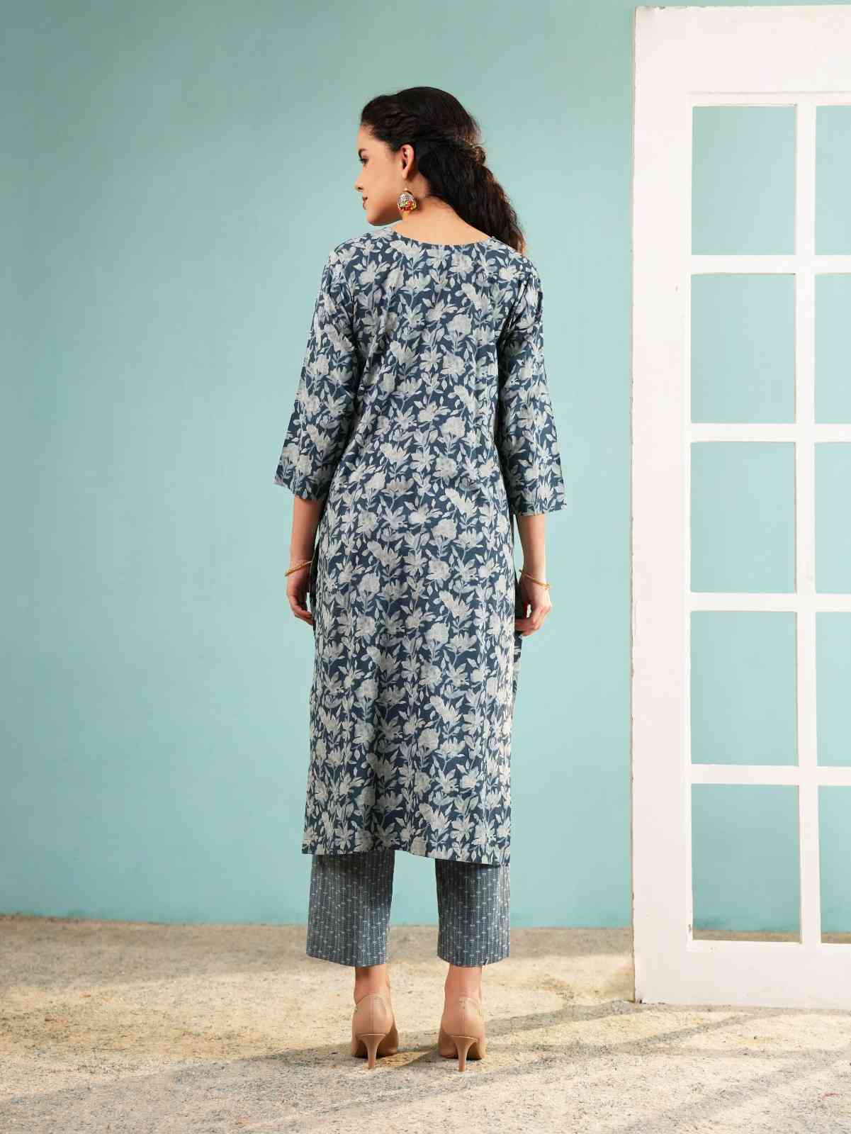 Slate Blossom: Floral Print Long Kurta and Pant Set