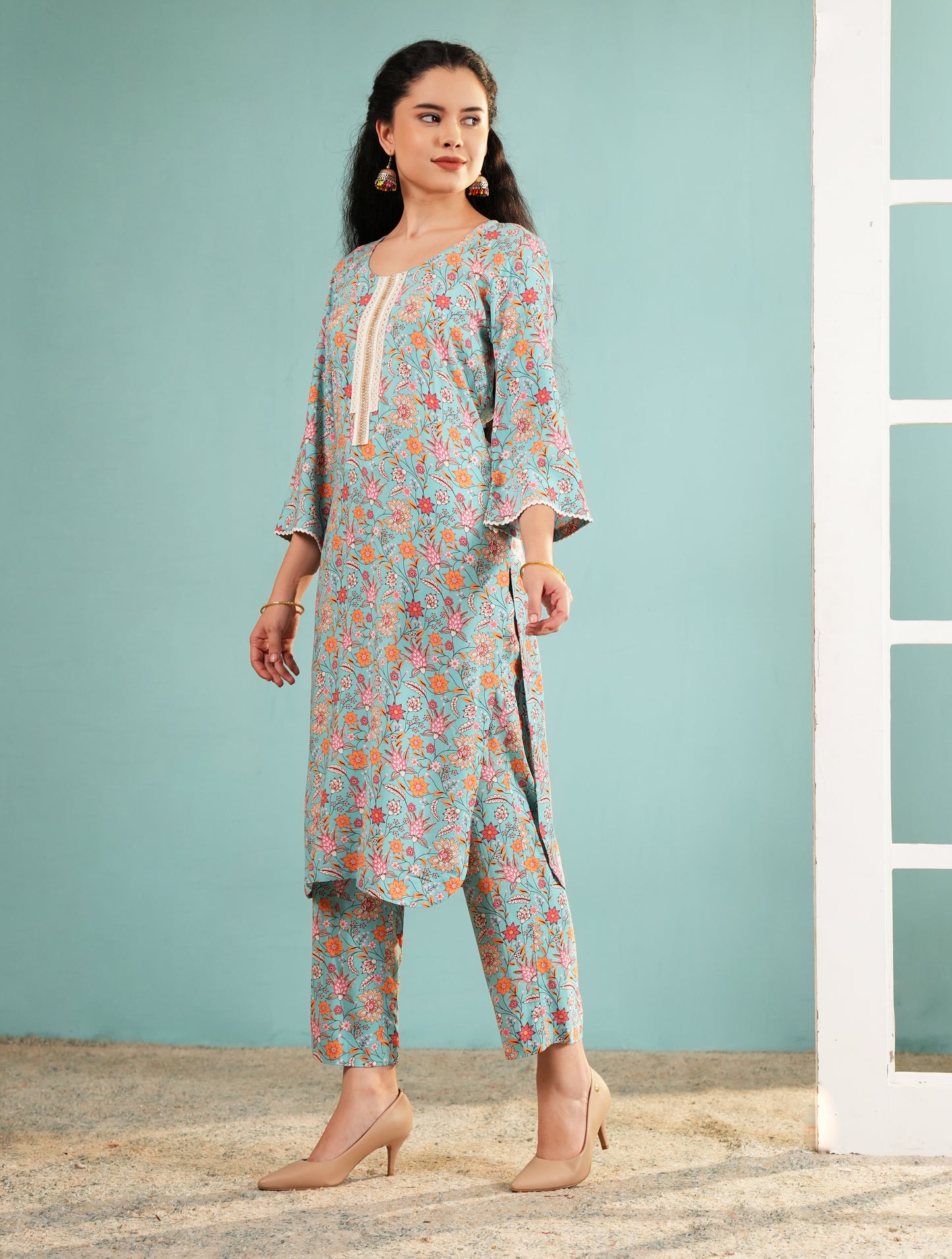 Azure Blossom: Floral Print Kurta and Pant Set