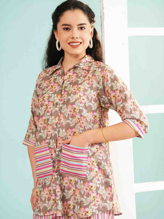 Garden Stripe: Floral Button-Down Tunic and Pant Set