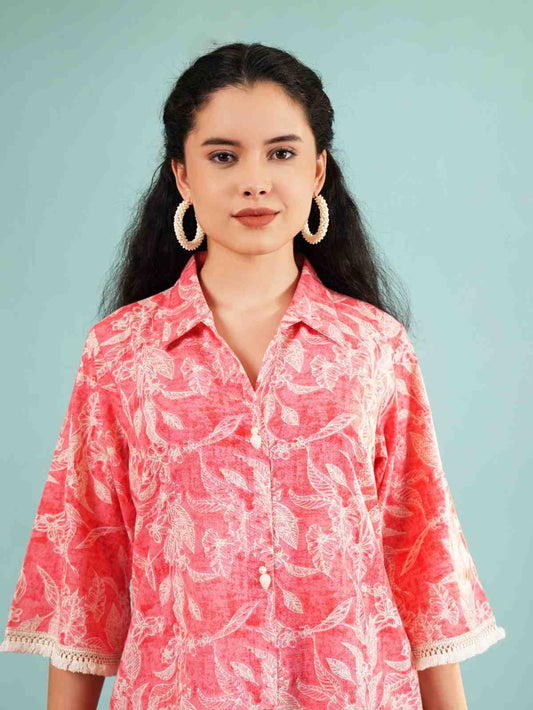 Coral Blossom: Leaf Print Button-Down Longline Tunic