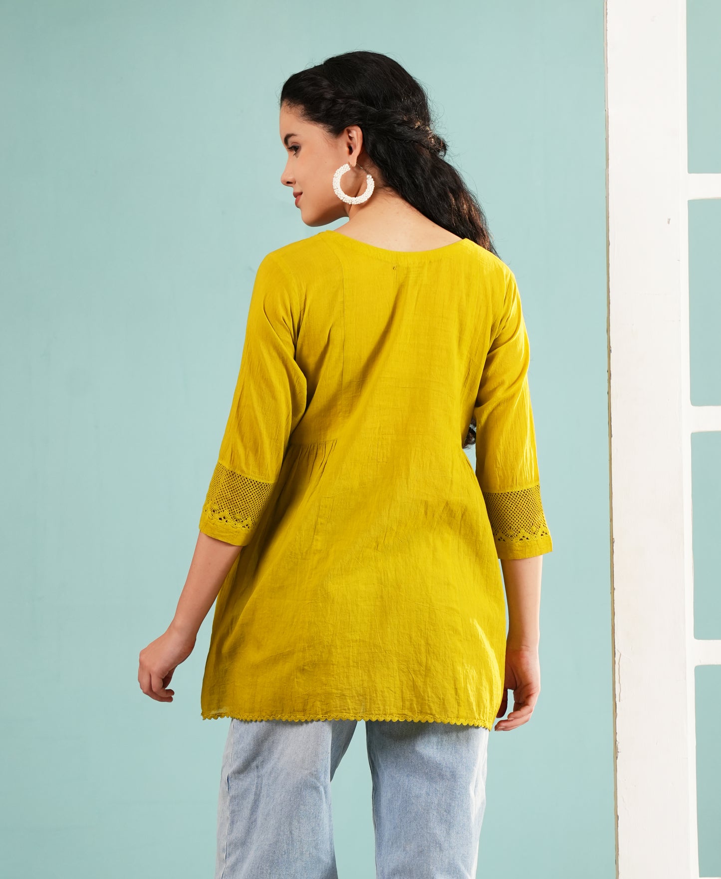 Olive Glow: Embroidered Flared Cotton Tunic