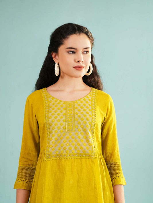Olive Glow: Embroidered Flared Cotton Tunic