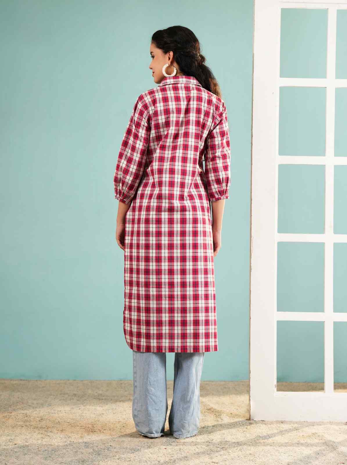 Crimson Check: Longline Button-Down Cotton Shirt