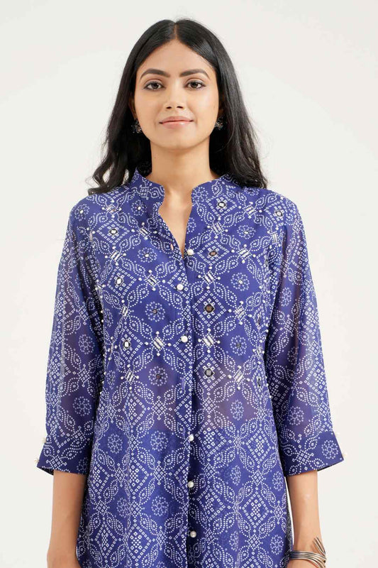 Georgette Bandhej Straight Kurta Pant Set - Ritivesh By Ritika Aggarwal
