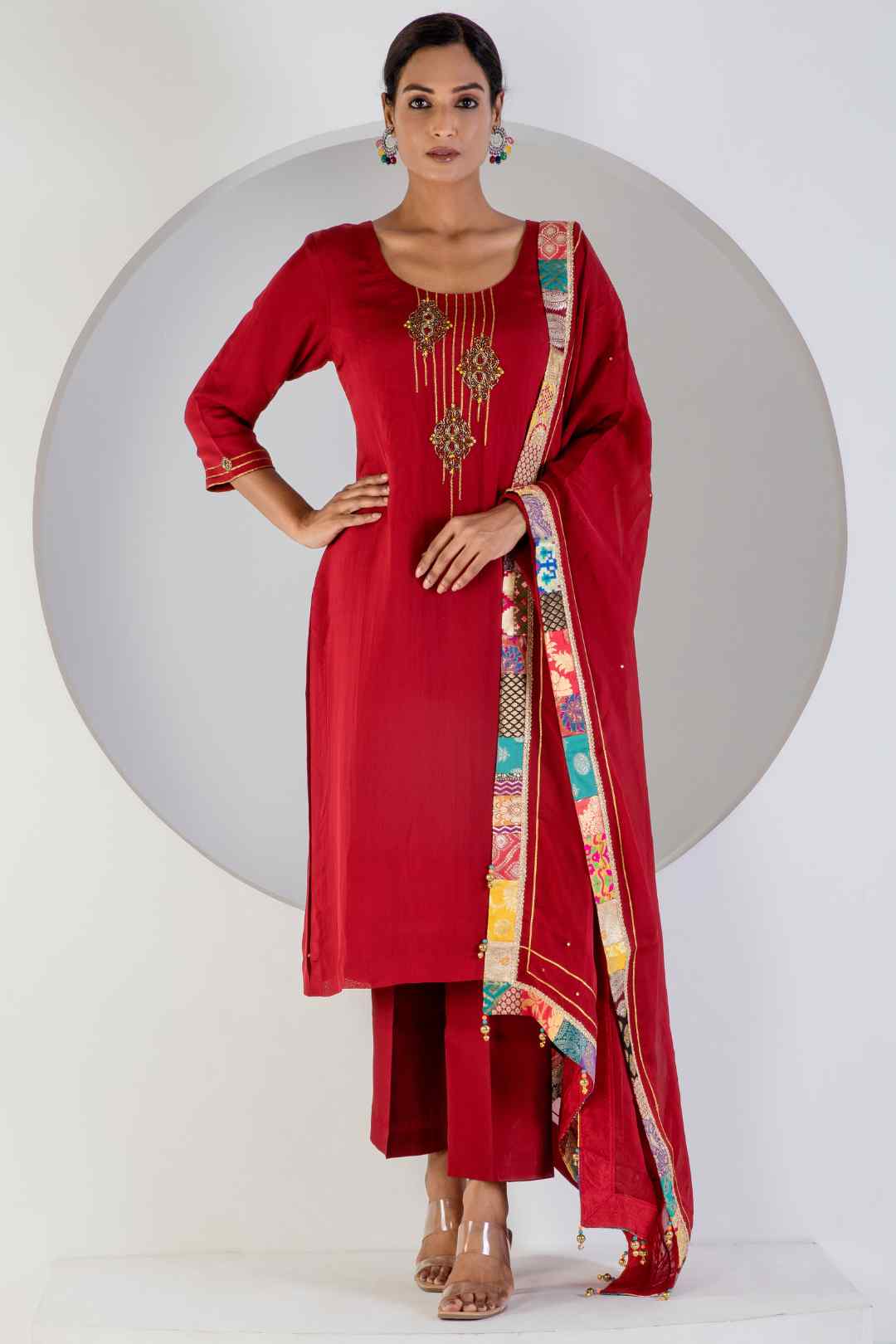 Red Kurta Set With Hand Embroidered