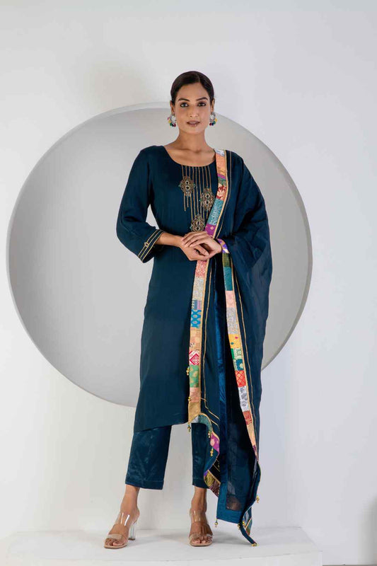 Turquoise Kurta Set With Hand Embroidered