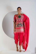 Red kurta set with tulip pants and red dupatta, multicolor embroidered yoke