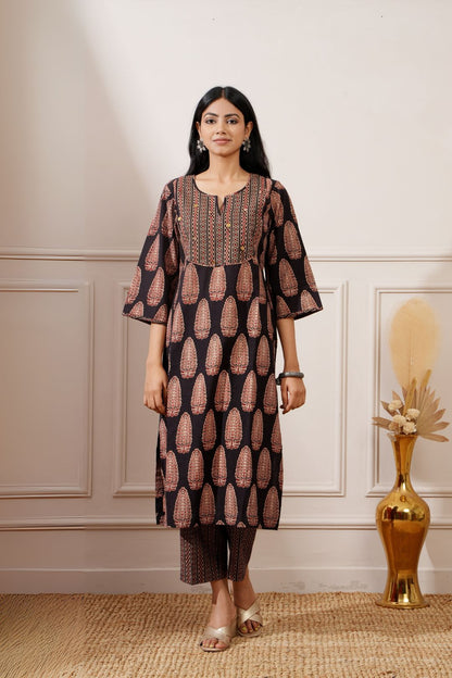 Black Bagru Print Cotton Straight Kurta & Pant