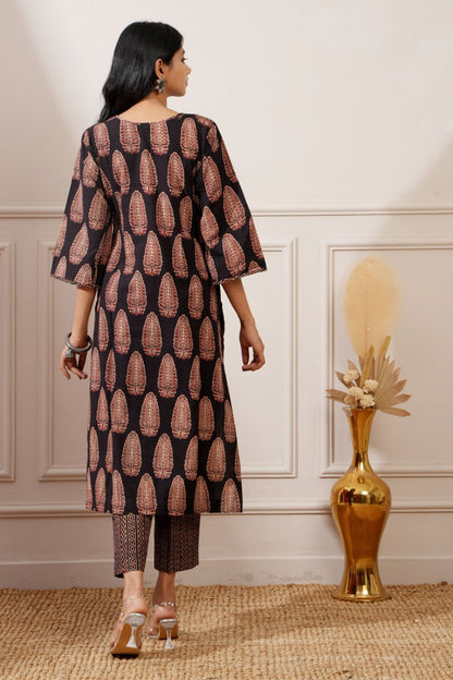 Black Bagru Print Cotton Straight Kurta & Pant