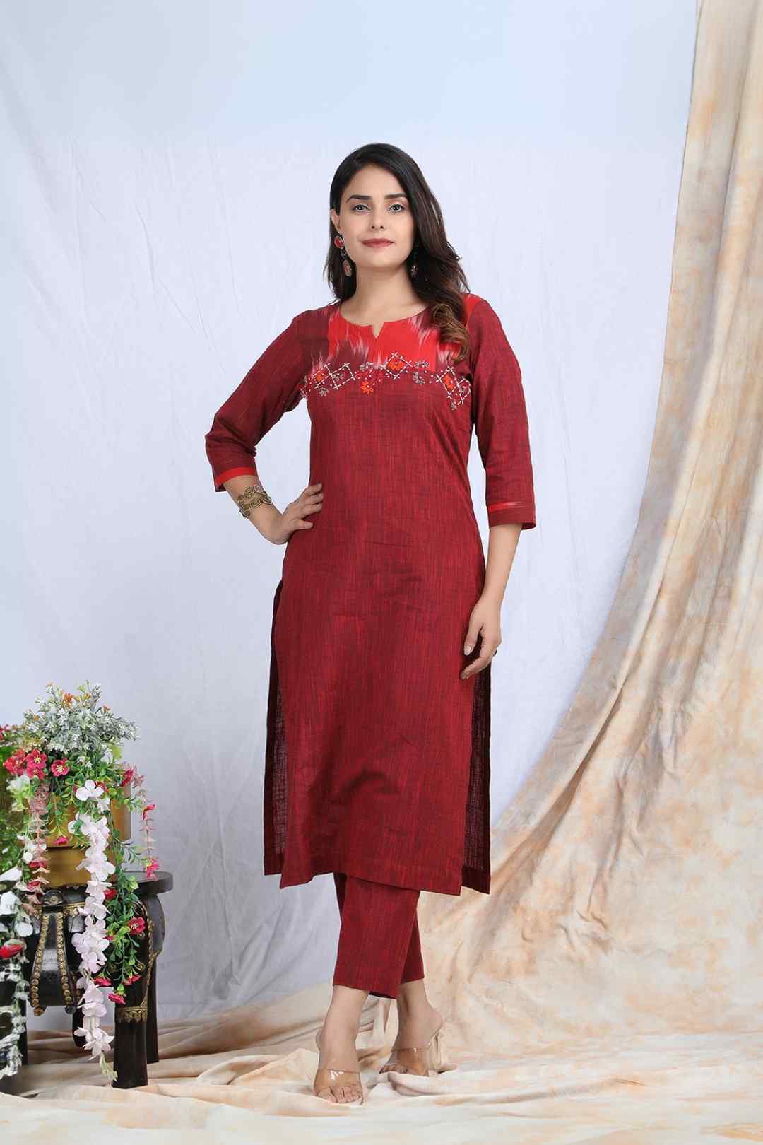 Maroon cotton kurta with embroidered ikkat yoke and matching maroon pant set
