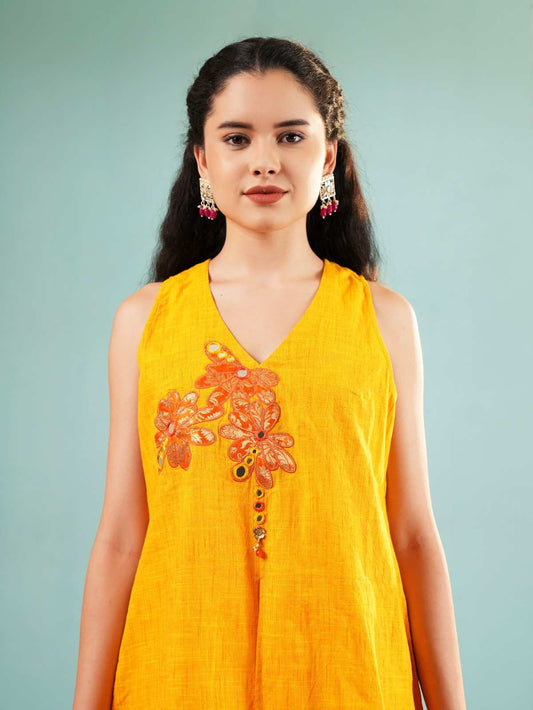 Marigold Radiance: Embroidered Sleeveless Kurta and Sharara Set