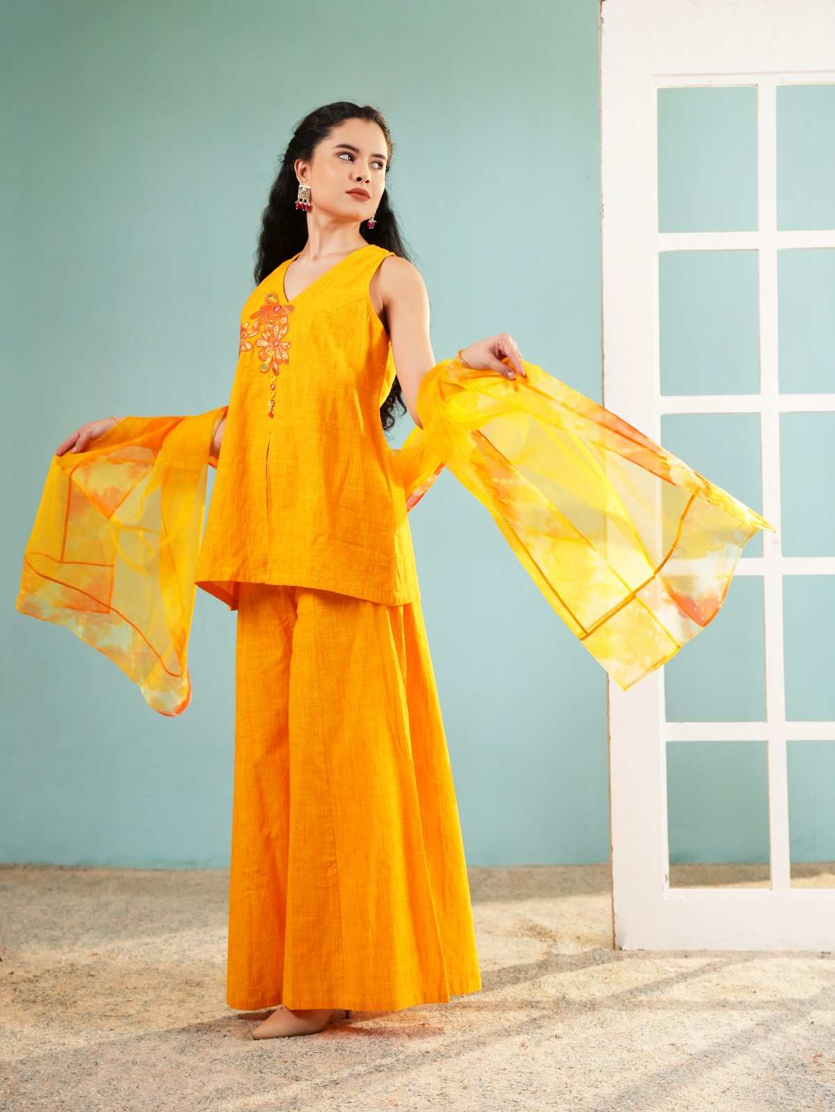 Marigold Radiance: Embroidered Sleeveless Kurta and Sharara Set