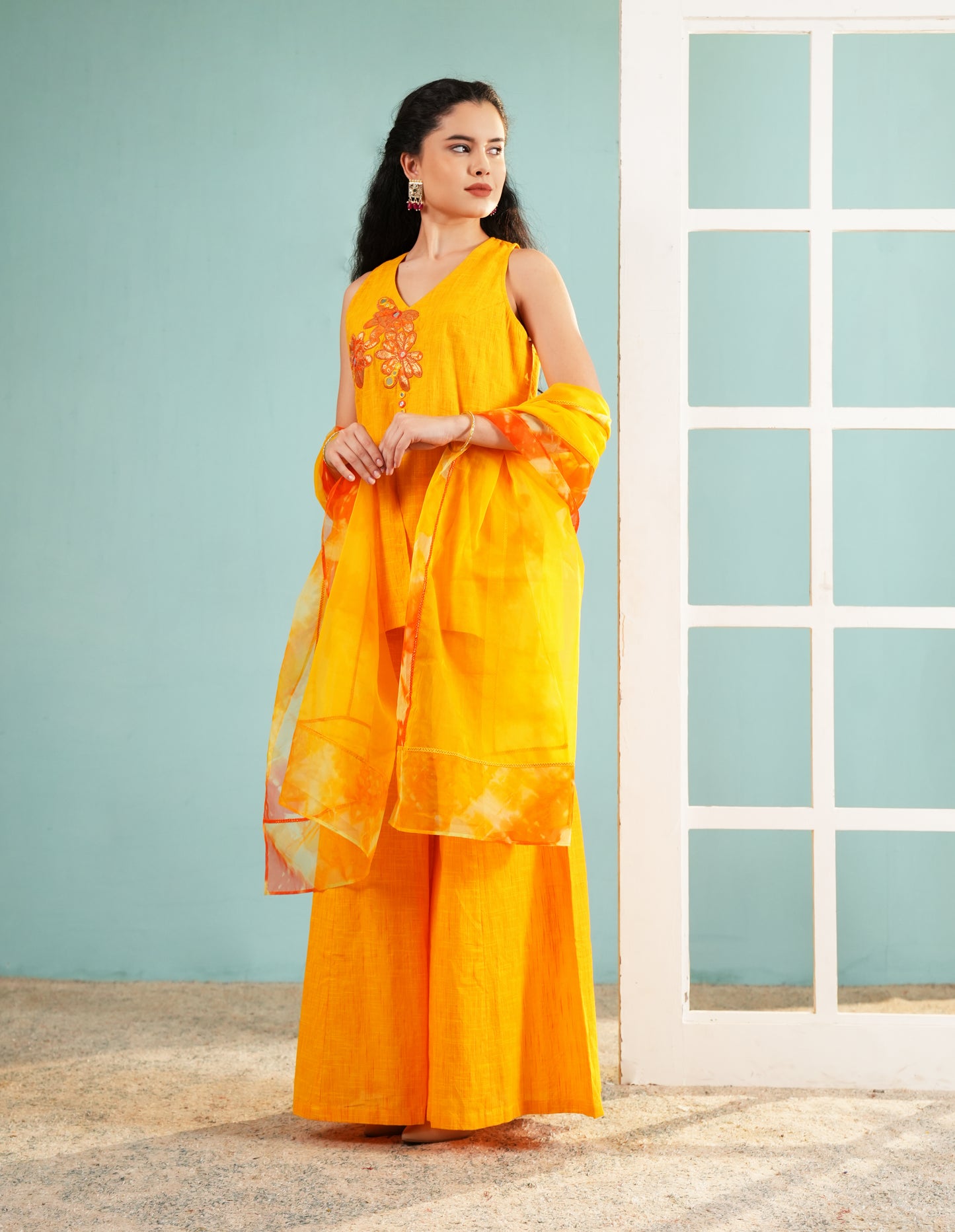 Marigold Radiance: Embroidered Sleeveless Kurta and Sharara Set