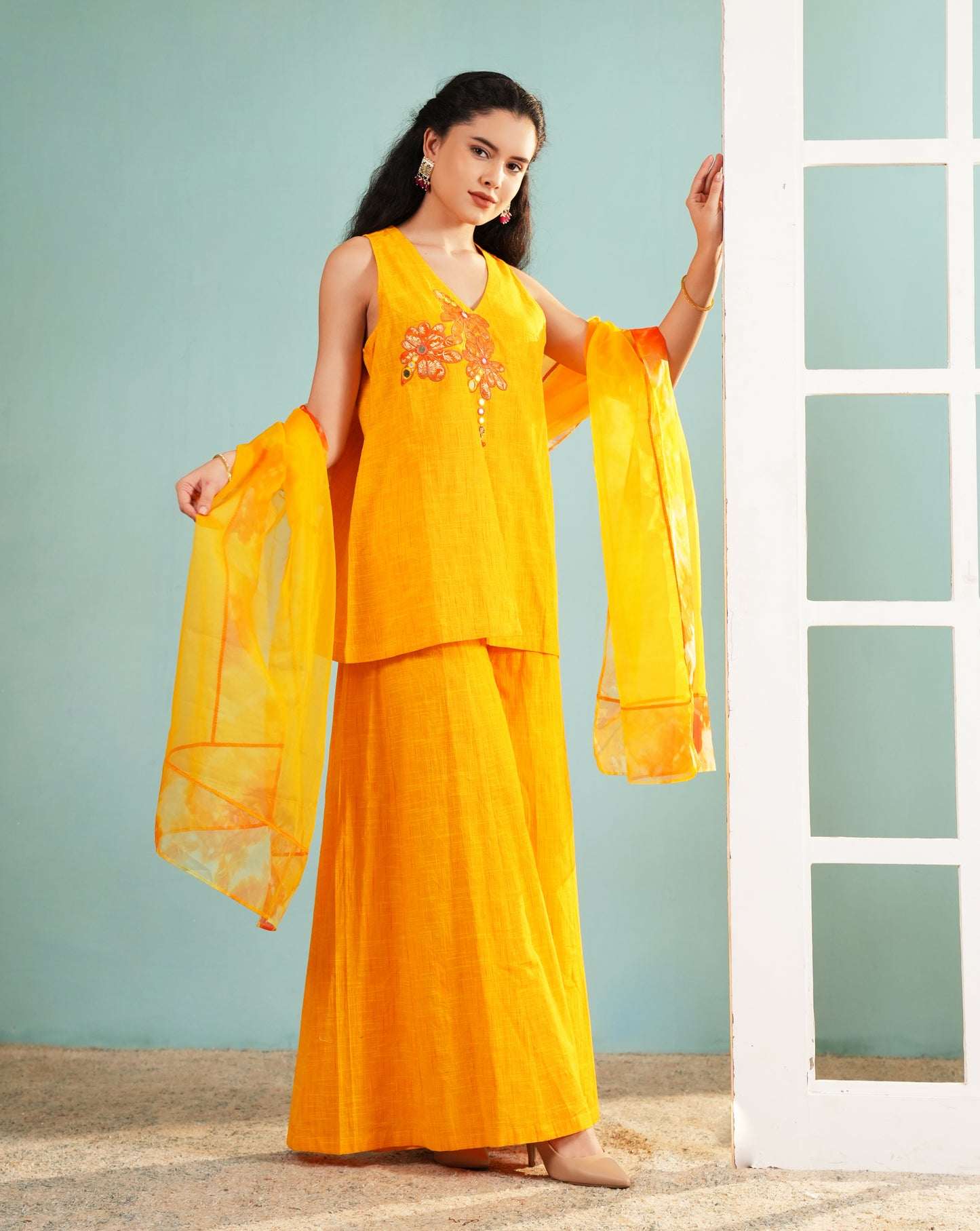 Marigold Radiance: Embroidered Sleeveless Kurta and Sharara Set
