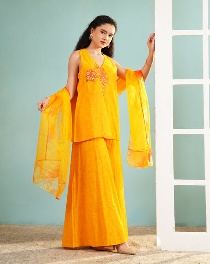 Marigold Radiance: Embroidered Sleeveless Kurta and Sharara Set