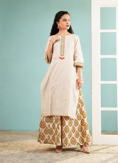 Ivory Lattice: Embroidered Long Kurta and Printed Sharara Set