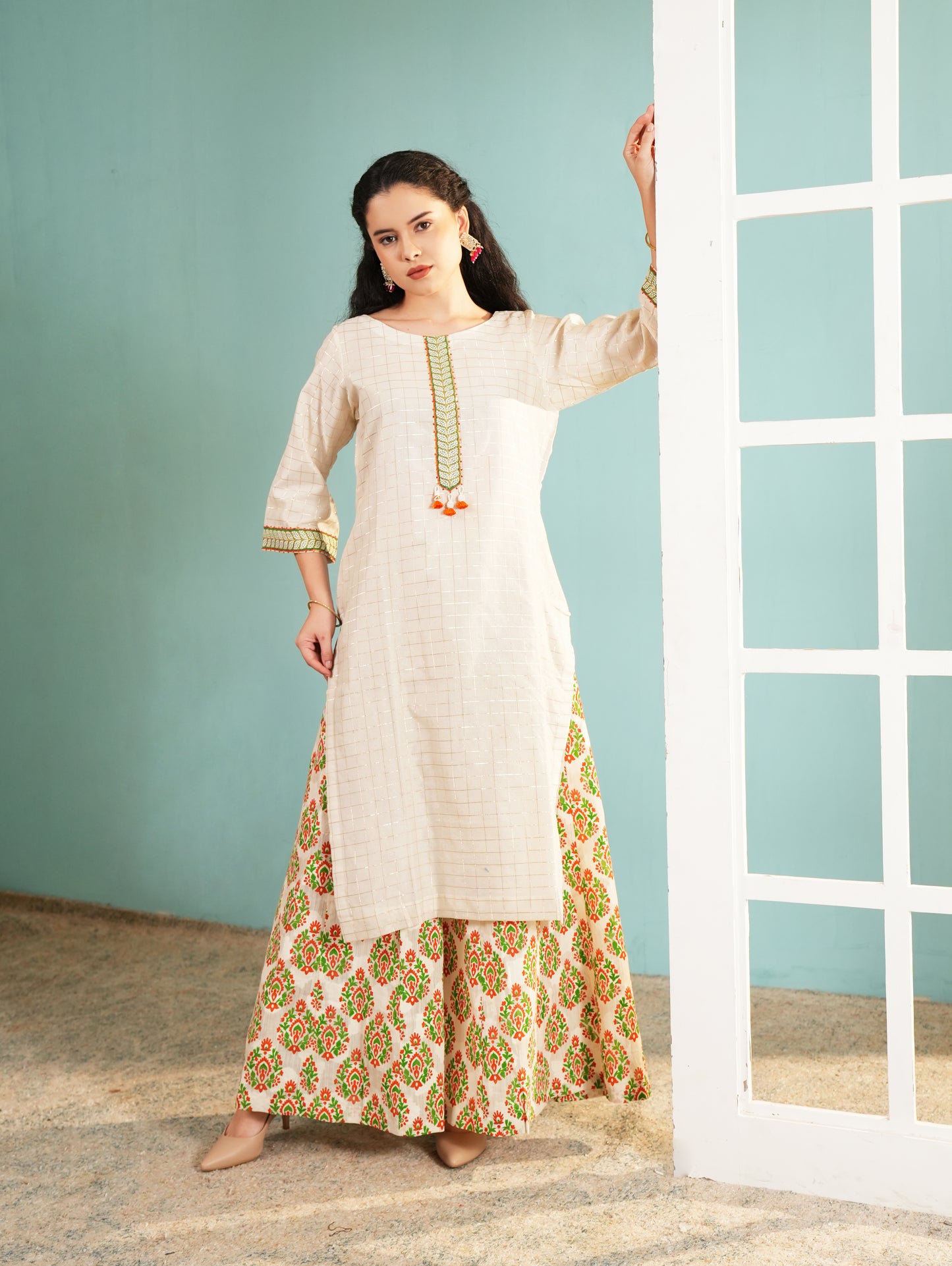 Ivory Lattice: Embroidered Long Kurta and Printed Sharara Set