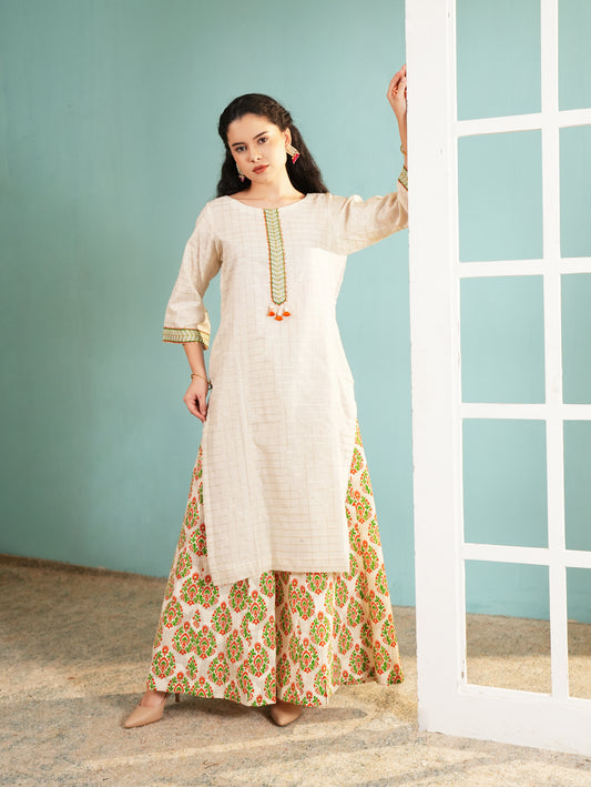 Ivory Lattice: Embroidered Long Kurta and Printed Sharara Set