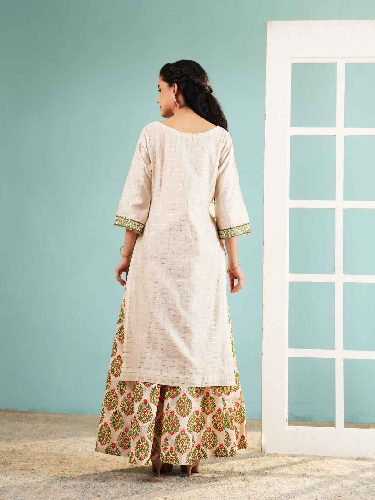 Ivory Lattice: Embroidered Long Kurta and Printed Sharara Set
