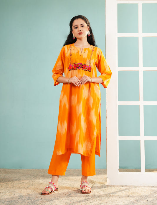 Amber Heritage: Elephant Embroidered Ikat Kurta Set