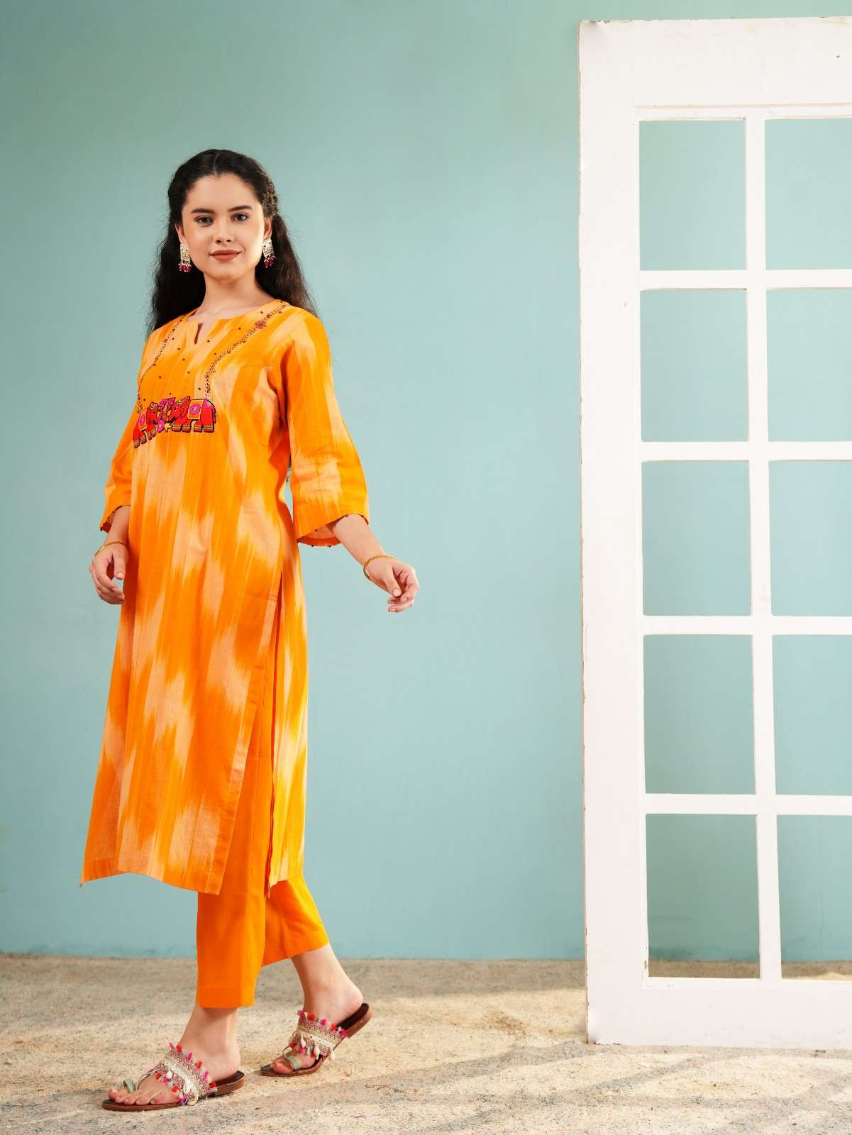 Amber Heritage: Elephant Embroidered Ikat Kurta Set
