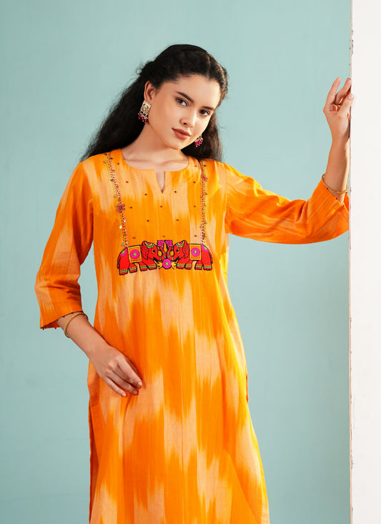 Amber Heritage: Elephant Embroidered Ikat Kurta Set
