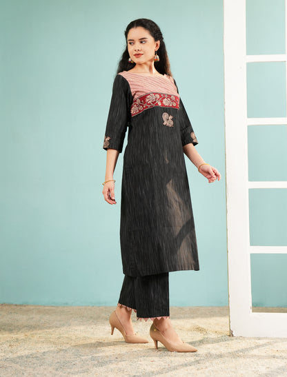 Midnight Bloom: Embroidered Black Kurta and Pant Set