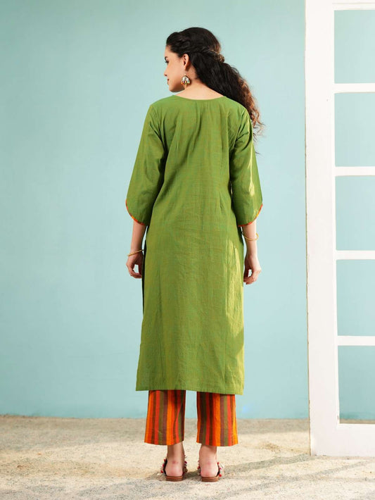 Meadow Folk: Embroidered Pocket Kurta and Striped Pant Set