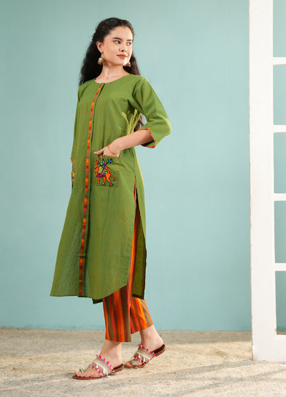 Meadow Folk: Embroidered Pocket Kurta and Striped Pant Set