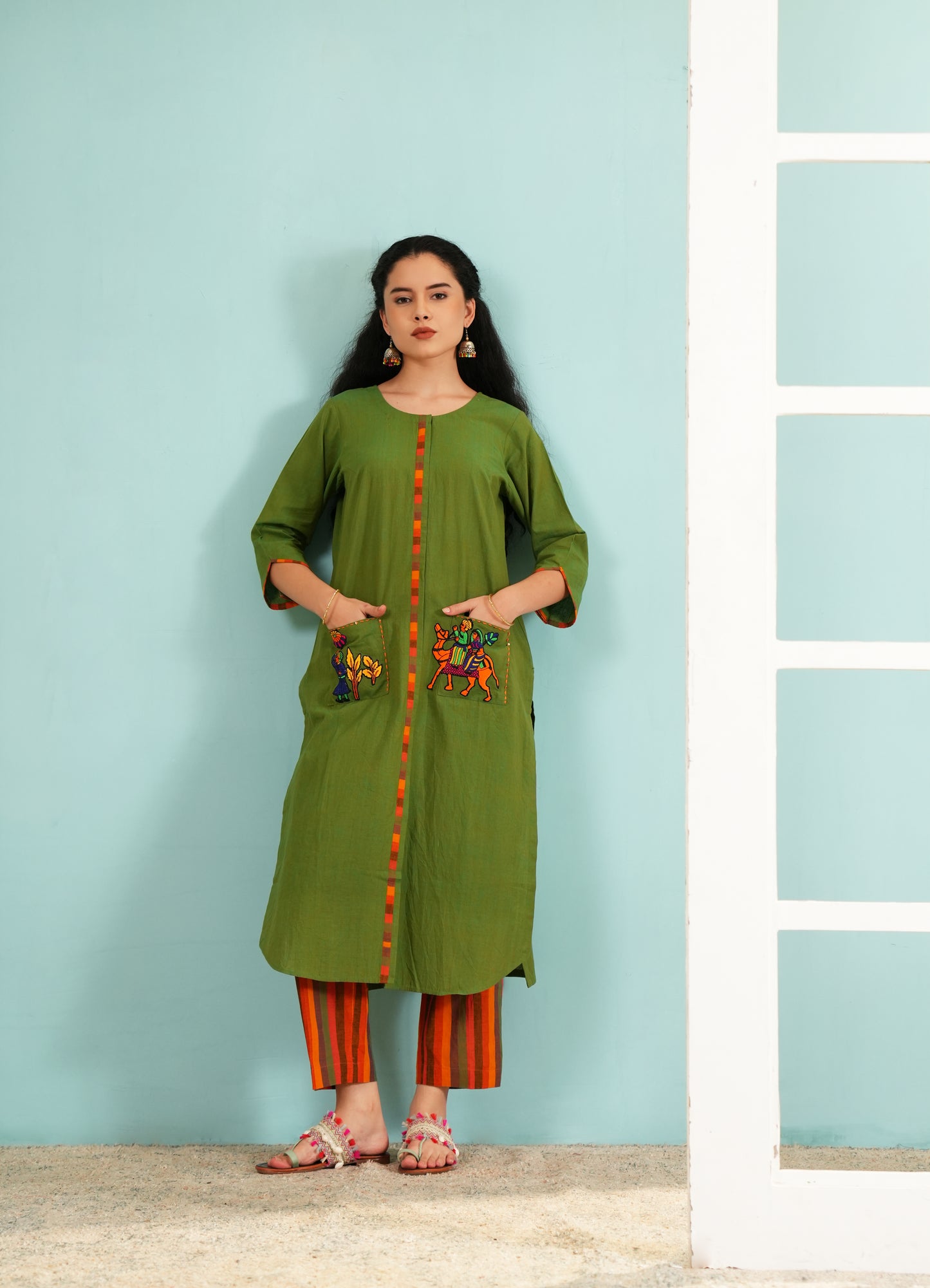 Meadow Folk: Embroidered Pocket Kurta and Striped Pant Set