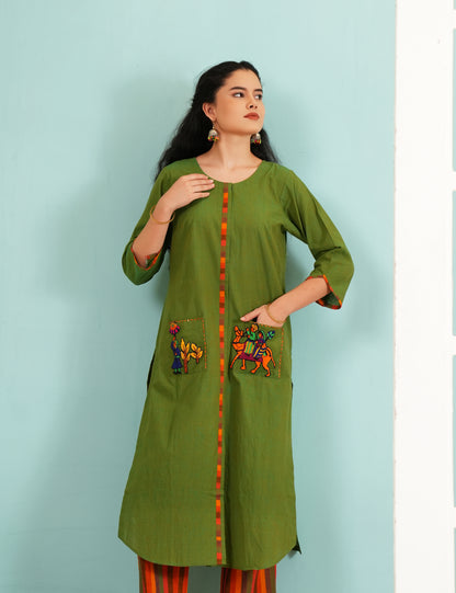 Meadow Folk: Embroidered Pocket Kurta and Striped Pant Set