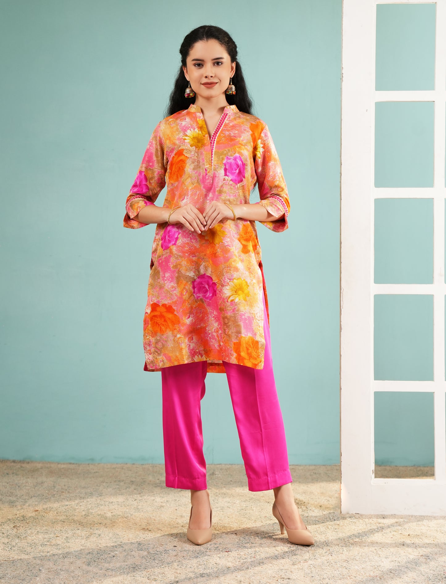 Floral Bloom: Vibrant Pink and Orange Kurta Set