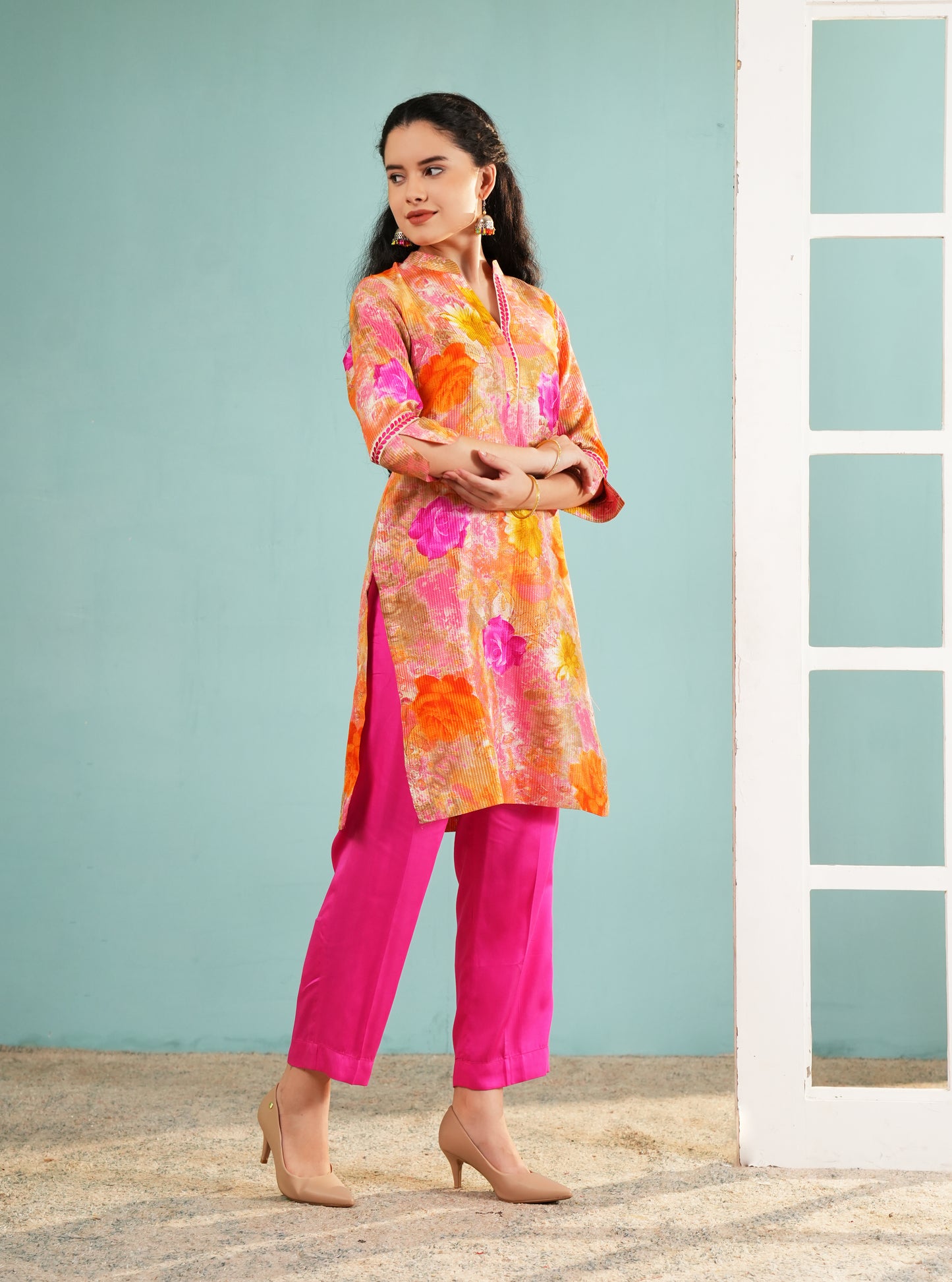 Floral Bloom: Vibrant Pink and Orange Kurta Set