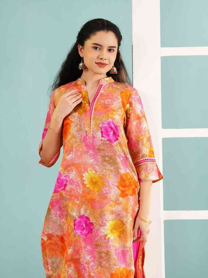 Floral Bloom: Vibrant Pink and Orange Kurta Set