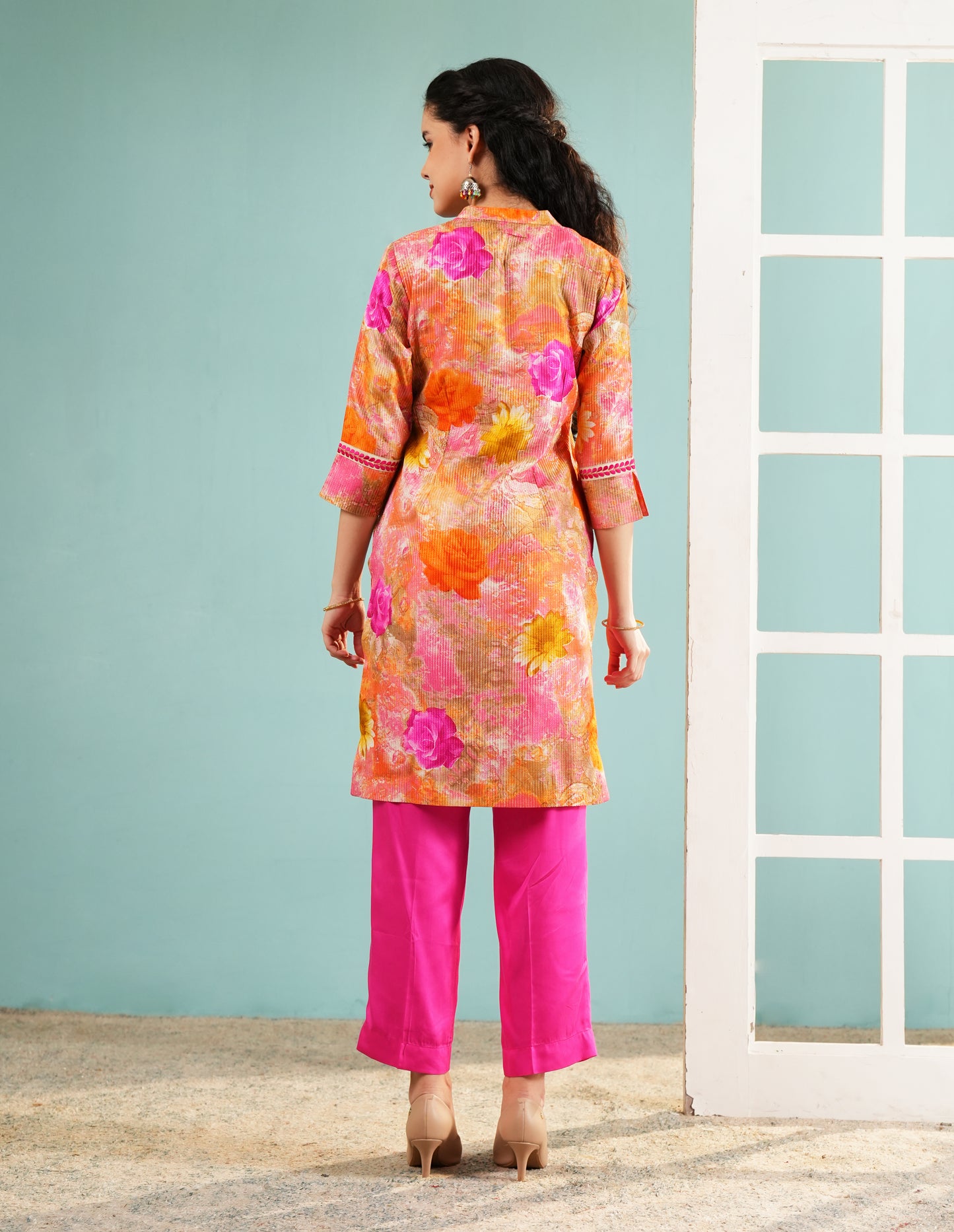 Floral Bloom: Vibrant Pink and Orange Kurta Set
