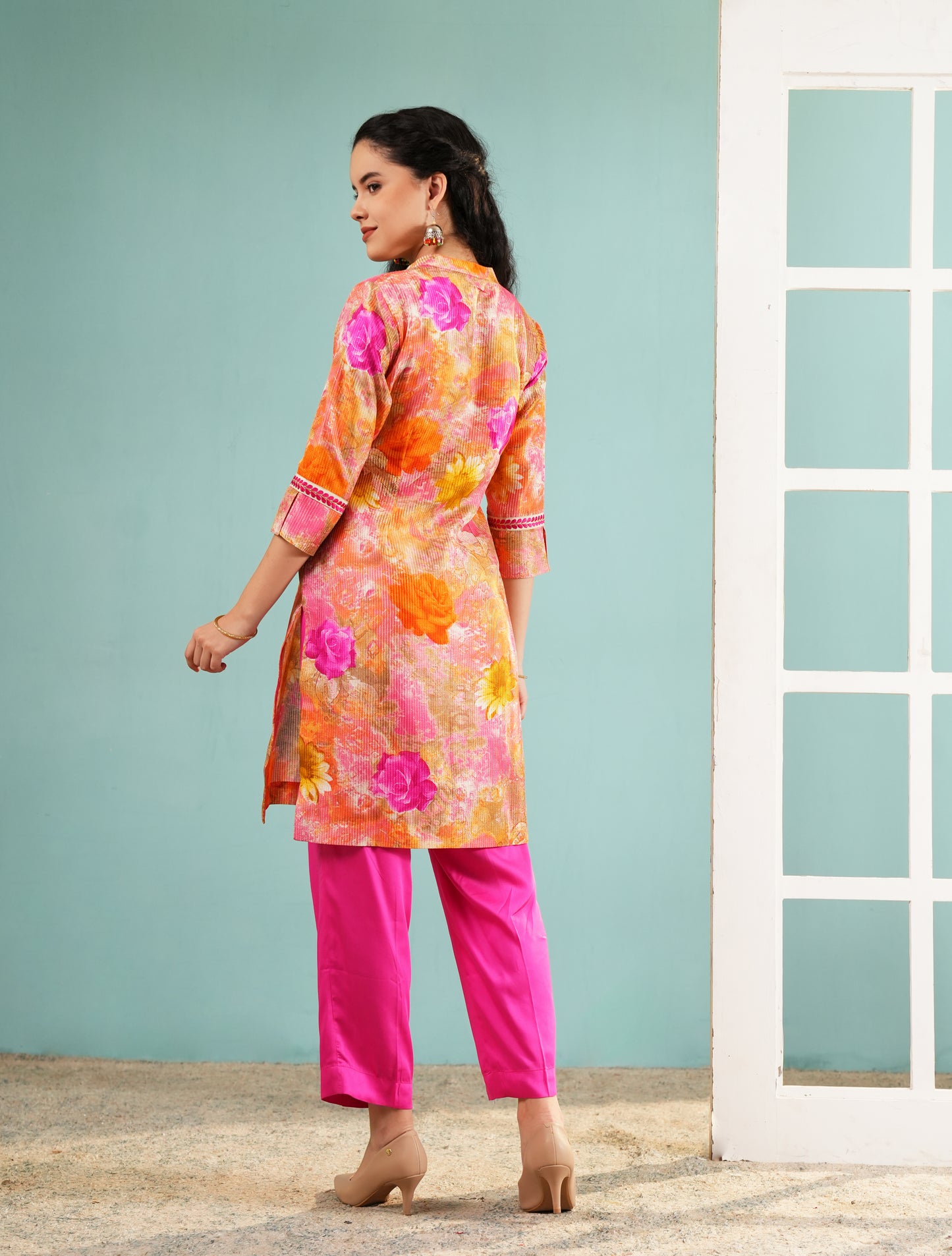 Floral Bloom: Vibrant Pink and Orange Kurta Set