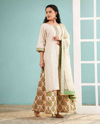 Ivory Lattice: Embroidered Long Kurta and Printed Sharara Set