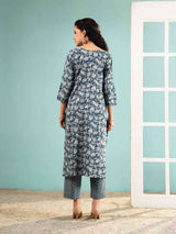 Slate Blossom floral print long kurta set, back view, 3/4 sleeves, straight pants