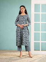 Slate Blossom floral print long kurta set, round neck, 3/4 sleeves, straight pants