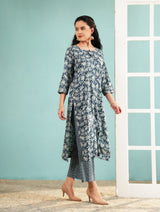 Slate Blossom floral print long kurta set, round neck, 3/4 sleeves, matching pants