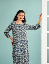 Slate Blossom floral print long kurta, round neck, 3/4 sleeves