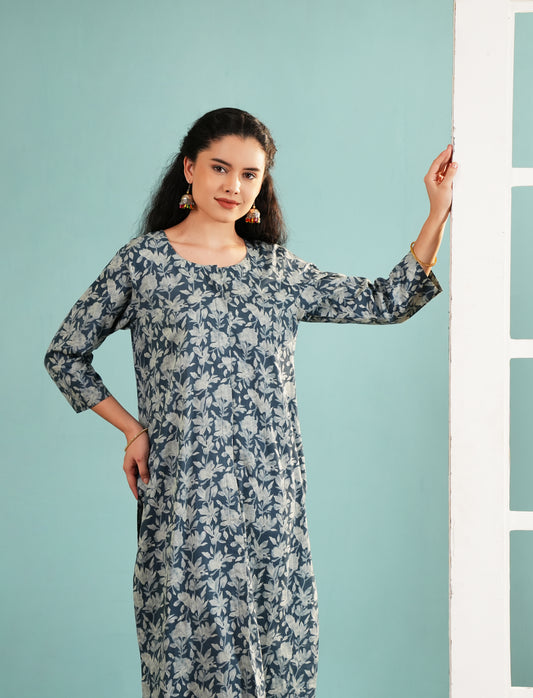 Slate Blossom: Floral Print Long Kurta and Pant Set