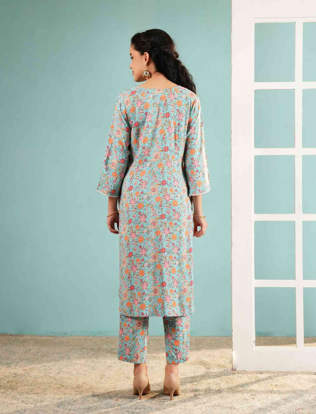 Azure Blossom: Floral Print Kurta and Pant Set