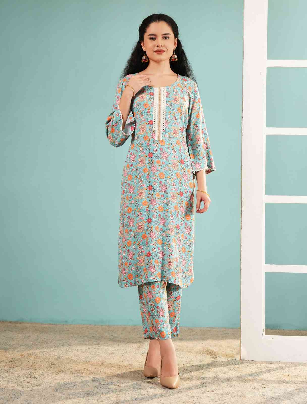 Azure Blossom: Floral Print Kurta and Pant Set