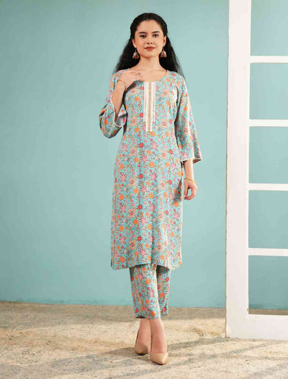 Azure Blossom: Floral Print Kurta and Pant Set
