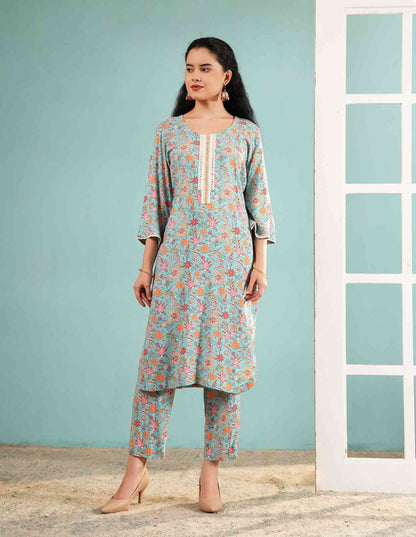 Azure Blossom: Floral Print Kurta and Pant Set