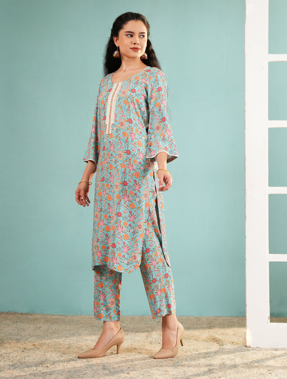 Azure Blossom: Floral Print Kurta and Pant Set